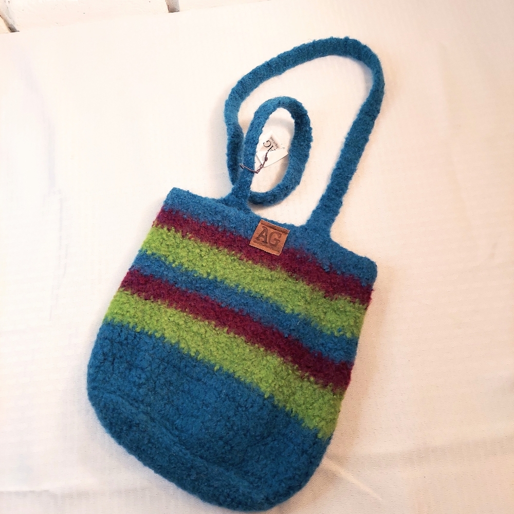 Boiled Felted Wool Crossbody Bag Tote Stripe Single Strap Teal Purple